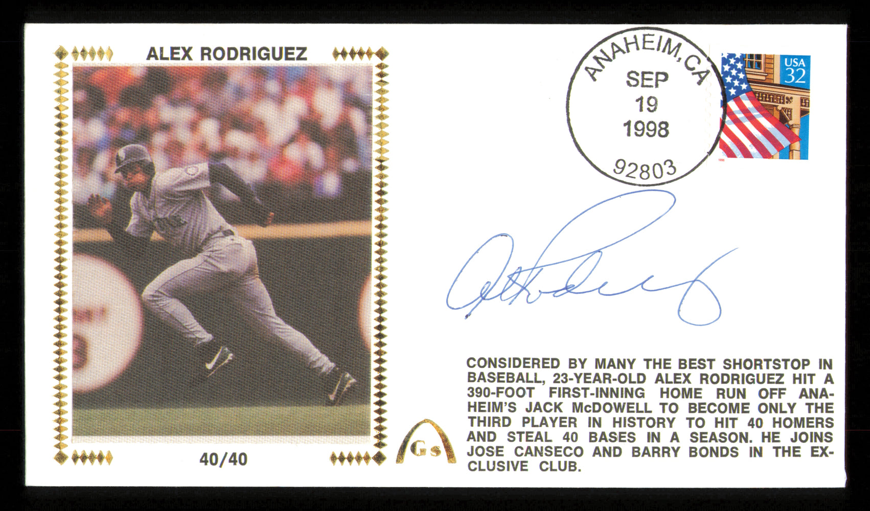 Alex Rodriguez Autographed 1998 First Day Cover Seattle Mariners