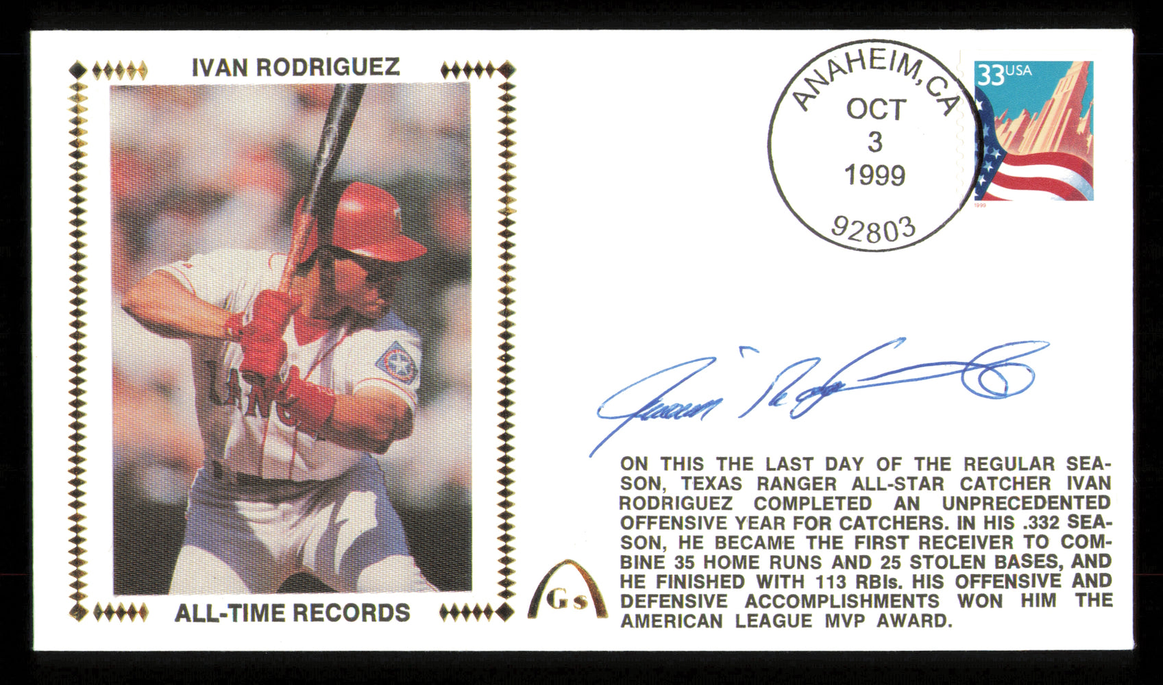 Ivan Rodriguez Autographed 1999 First Day Cover Texas Rangers