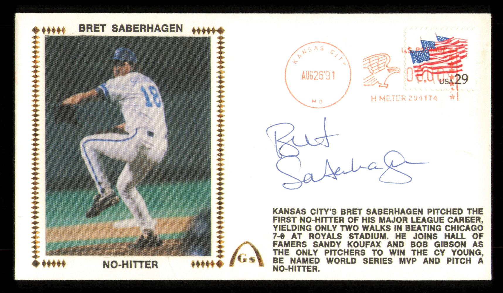 Bret Saberhagen Autographed 1991 First Day Cover Kansas City Royals