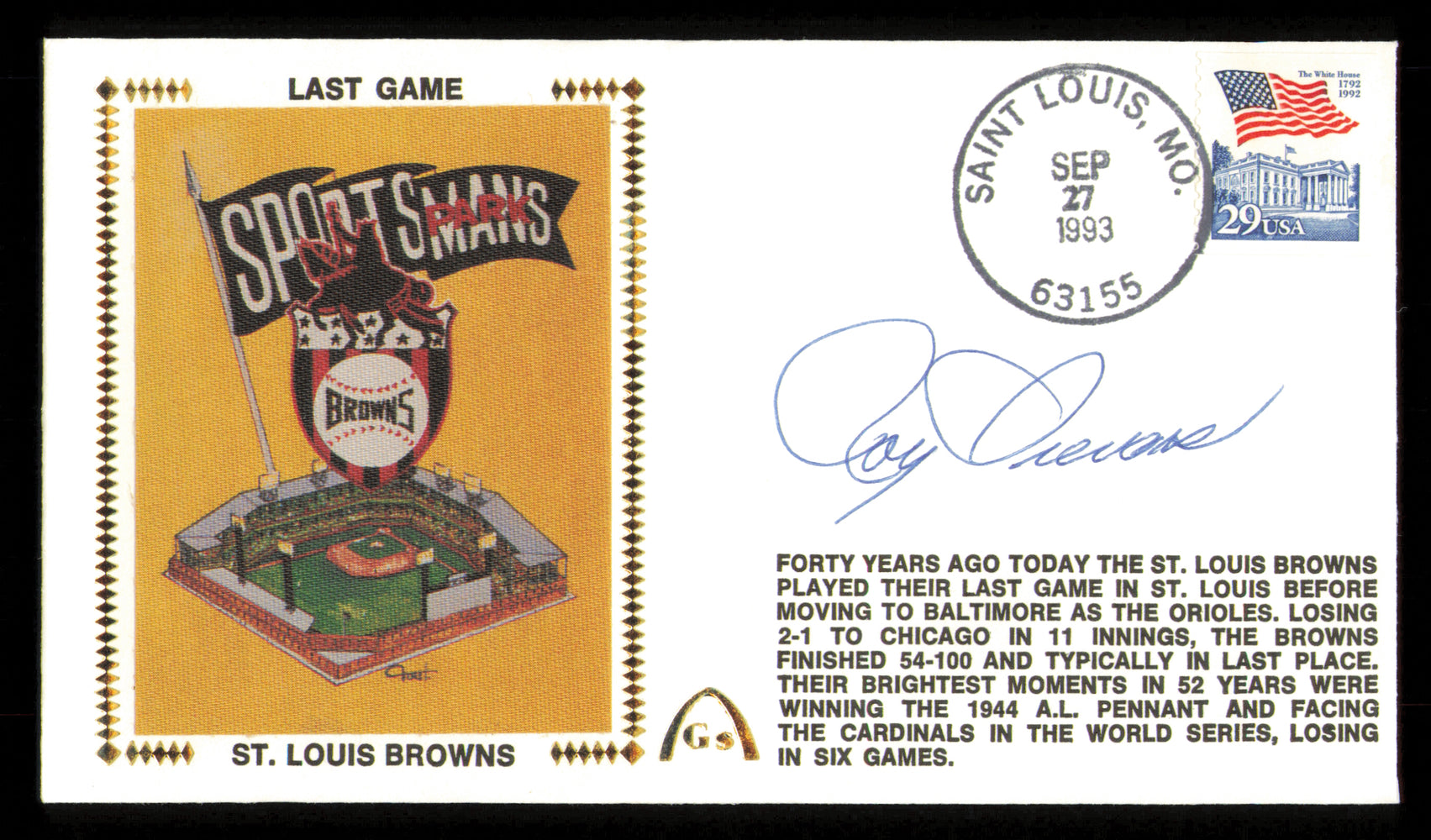 Roy Sievers Autographed 1993 First Day Cover St. Louis Browns