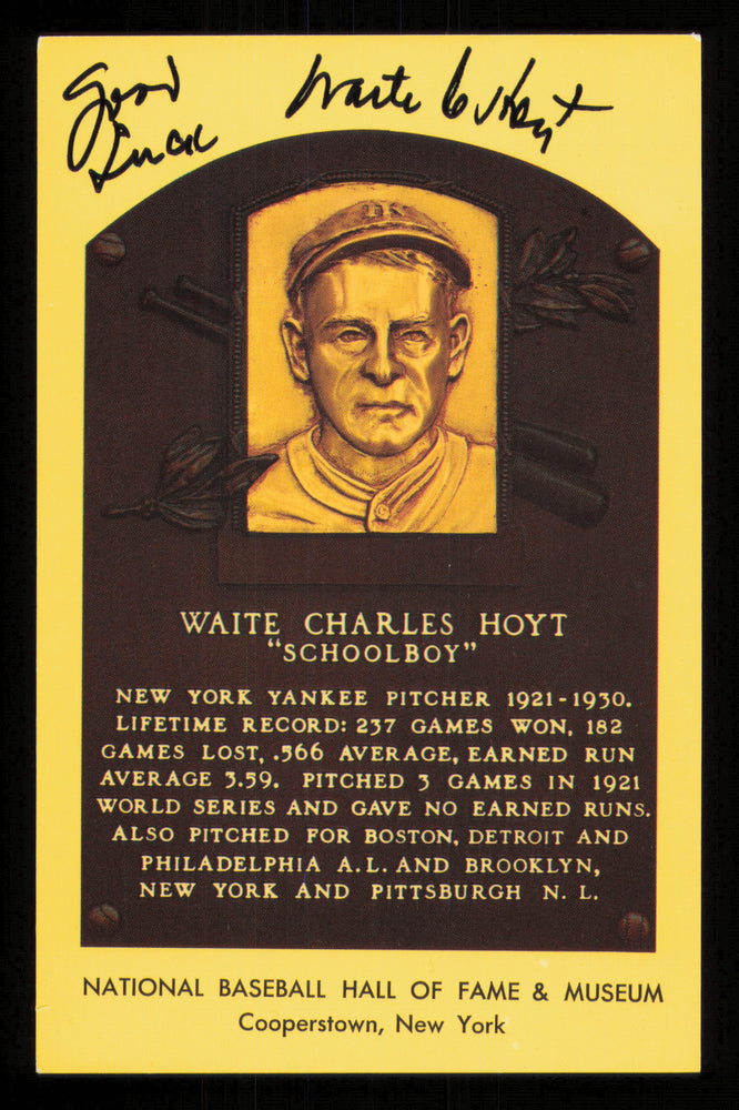 Waite Hoyt Autographed Hall of Fame HOF Plaque Postcard New York Yankees