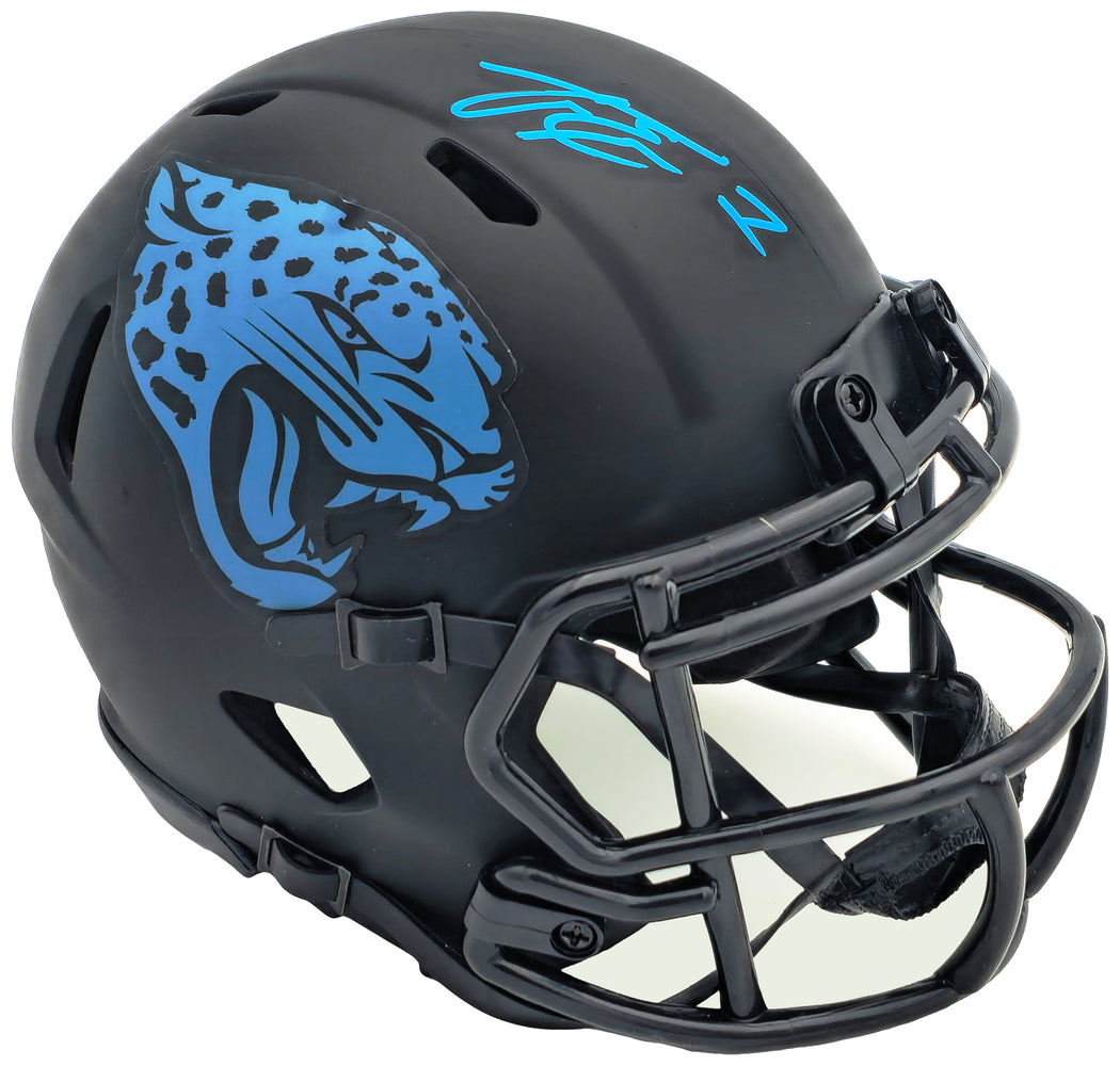 Travis Etienne Autographed Jacksonville Jaguars Eclipse Black Speed Mini Helmet Beckett BAS Witness