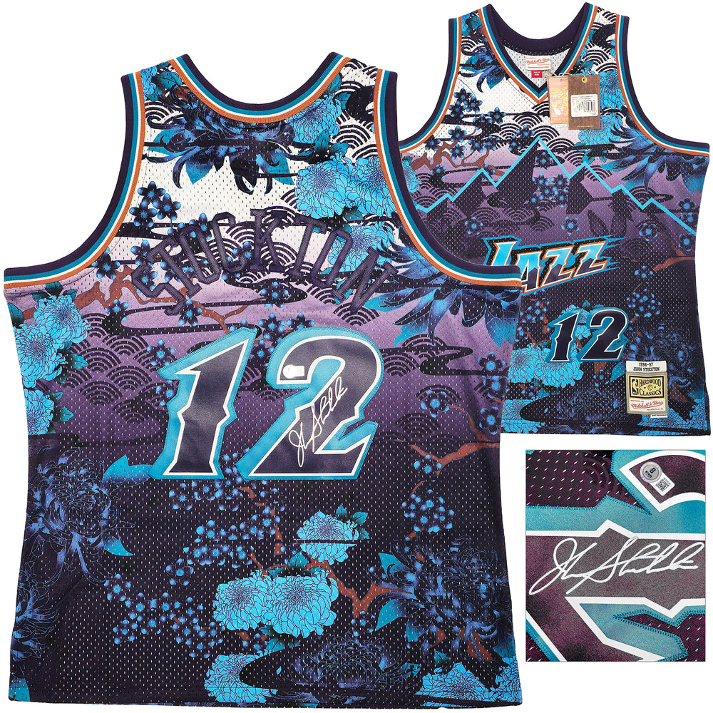 Utah Jazz John Stockton Autographed Purple Authentic Mitchell & Ness 1996-97 Hardwood Classic Swingman Asian Heritage 5.0 Jersey Size XL Beckett BAS Witness