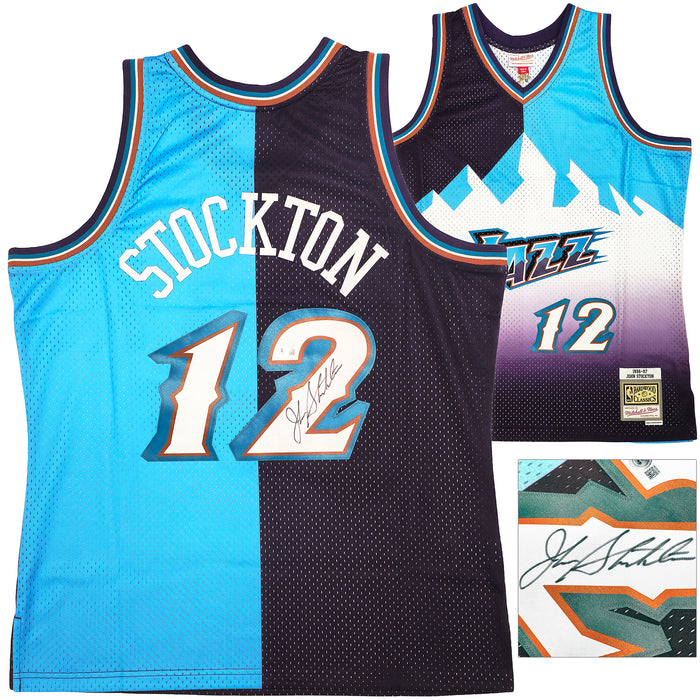 Utah Jazz John Stockton Autographed Blue & Purple Authentic Mitchell & Ness 1996-97 Hardwood Classic Swingman Split Jersey Size XL Beckett BAS Witness