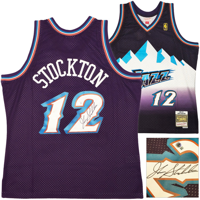 Utah Jazz John Stockton Autographed Purple Authentic Mitchell & Ness 1996-97 Hardwood Classic Swingman Road Jersey Size XL Beckett BAS Witness