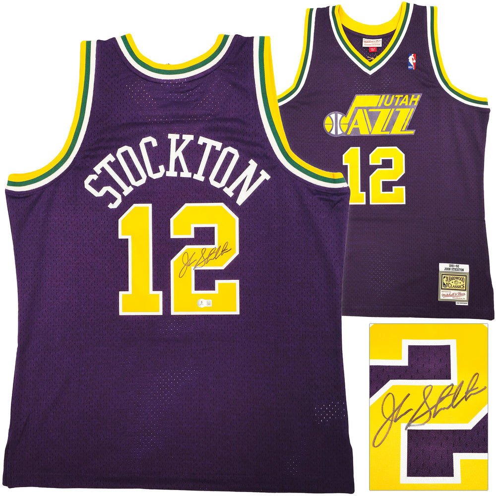 Utah Jazz John Stockton Autographed Purple Authentic Mitchell & Ness 1991-92 Hardwood Classic Swingman Jersey Size XL Beckett BAS Witness