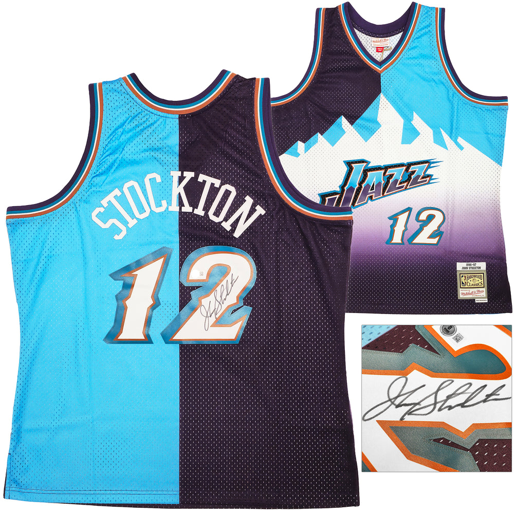 Utah Jazz John Stockton Autographed Blue & Purple Authentic Mitchell & Ness 1996-97 Hardwood Classic Swingman Split Jersey Size XXL Beckett BAS Witness