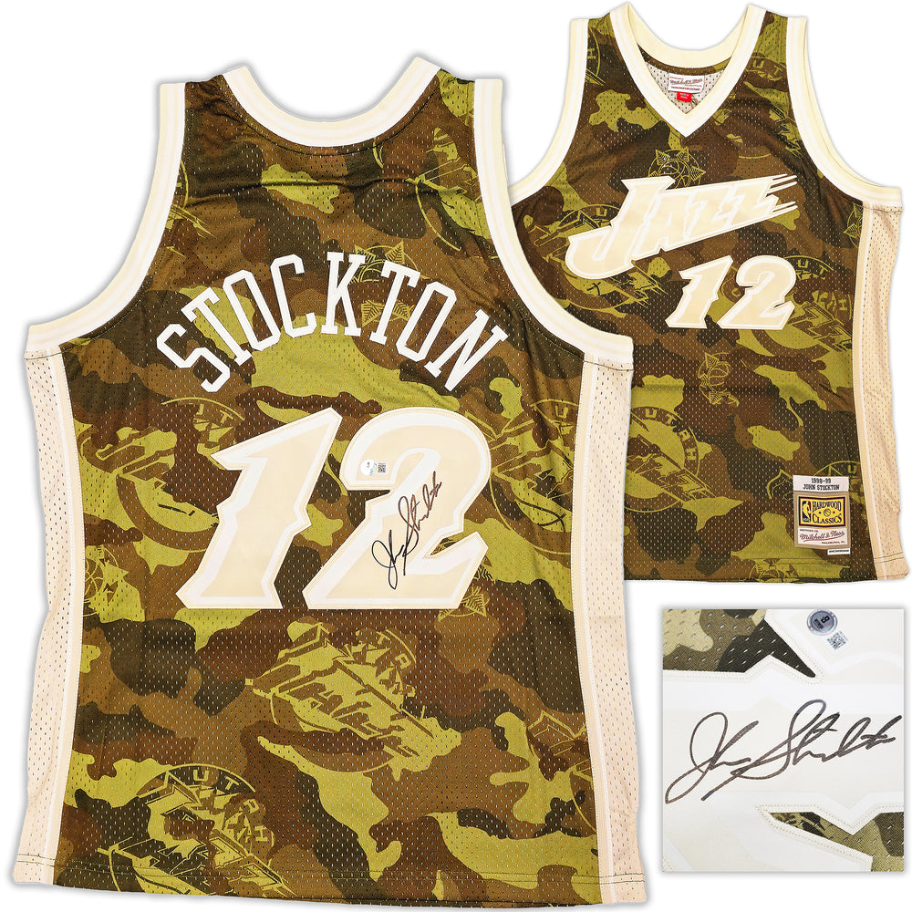 Utah Jazz John Stockton Autographed Green Authentic Mitchell & Ness 1998-99 Hardwood Classic Swingman Ghost Camo Jersey Size L Beckett BAS Witness