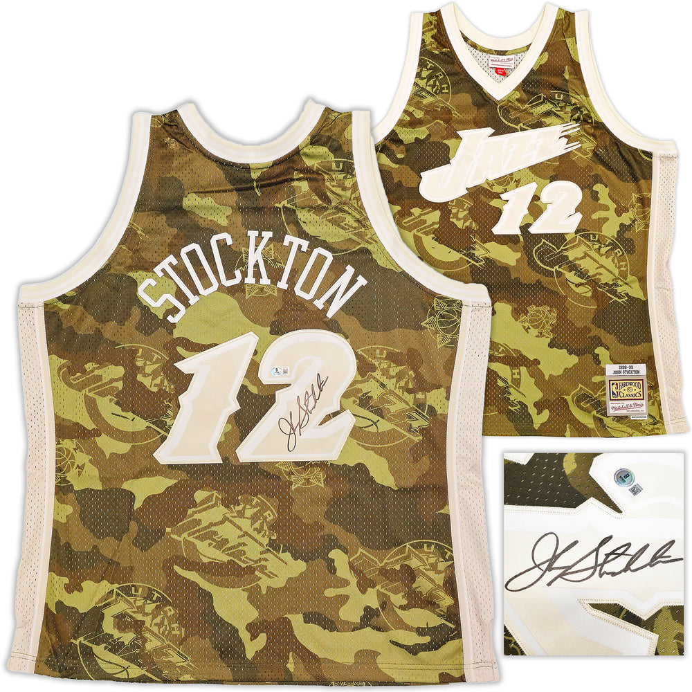 Utah Jazz John Stockton Autographed Green Authentic Mitchell & Ness 1998-99 Hardwood Classic Swingman Ghost Camo Jersey Size XXL Beckett BAS Witness