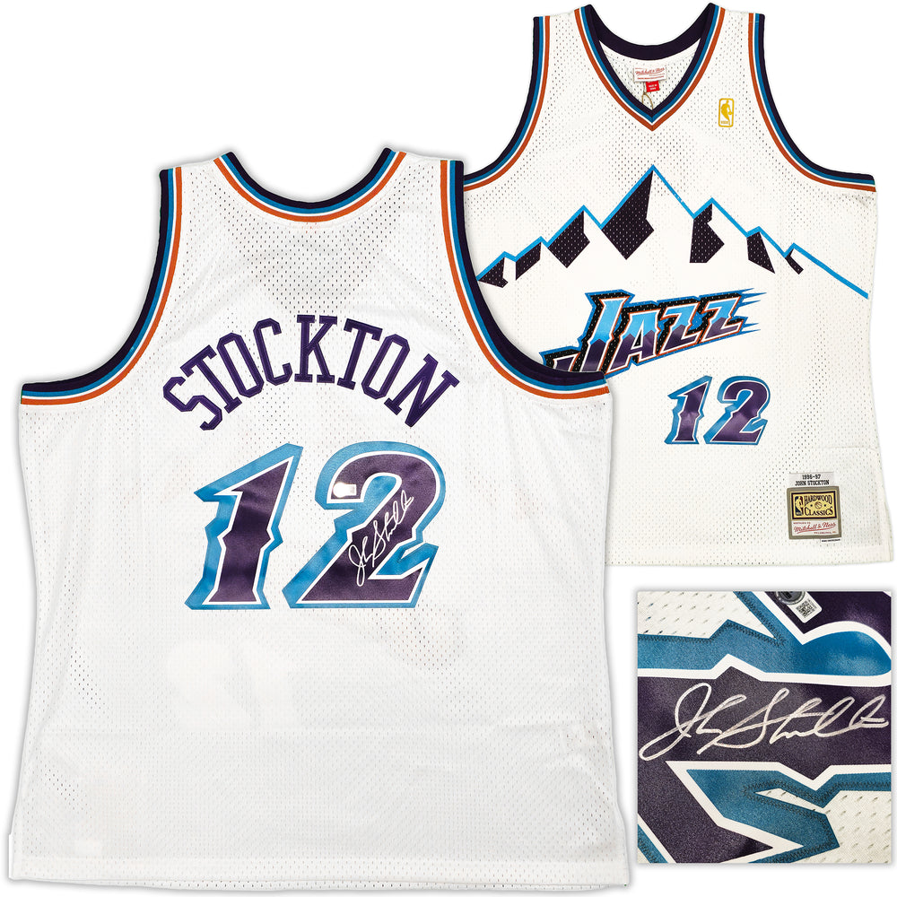 Utah Jazz John Stockton Autographed White Authentic Mitchell & Ness 1996-97 Hardwood Classic Swingman Jersey Size XXL Beckett BAS Witness