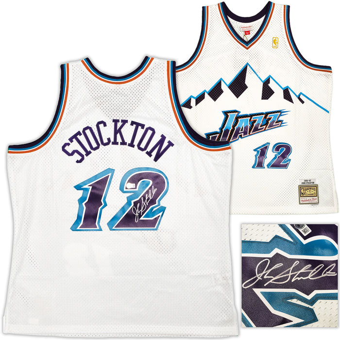 Utah Jazz John Stockton Autographed White Authentic Mitchell & Ness 1996-97 Hardwood Classic Swingman Jersey Size XXL Beckett BAS Witness