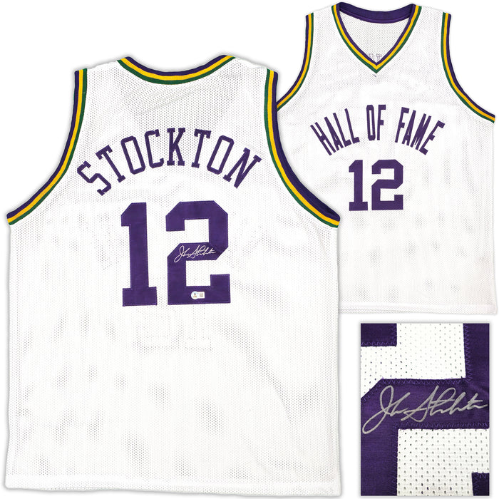 Utah Jazz John Stockton Autographed White Jersey Beckett BAS Witness