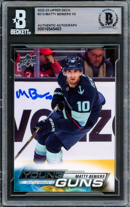 Matty Beniers Autographed 2022 Upper Deck Young Guns Rookie Card #213 Seattle Kraken Beckett BAS