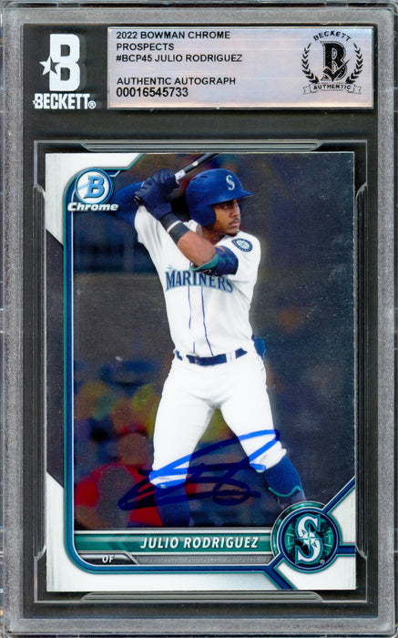 Julio Rodriguez Autographed 2022 Bowman Chrome Rookie Card #BCP45 Seattle Mariners Beckett BAS