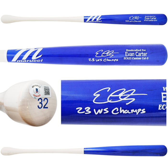 Evan Carter Autographed Blue & White Marucci Player Model Baseball Bat Texas Rangers "23 WS Champs" Beckett BAS Witness