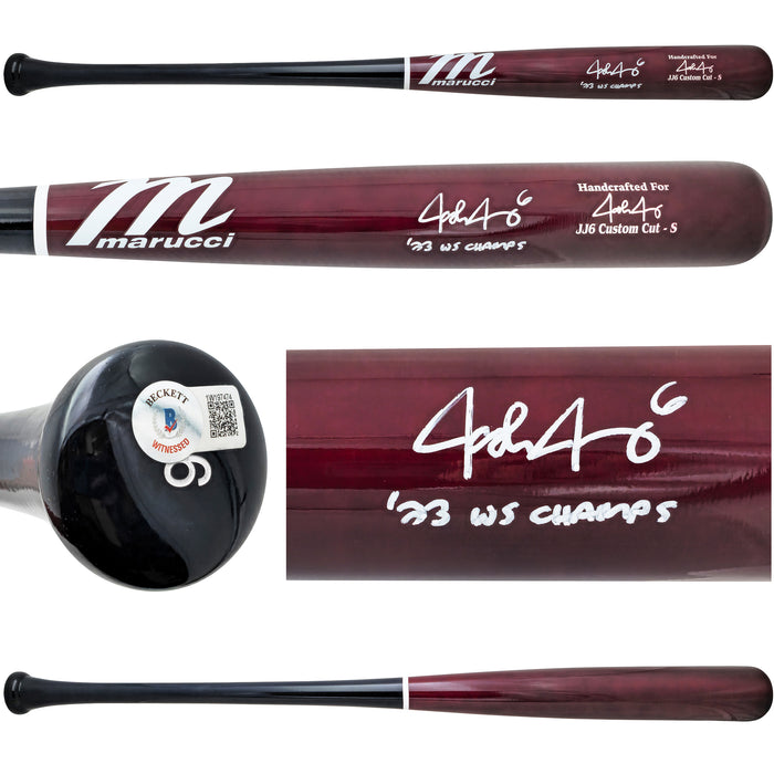 Josh Jung Autographed Maroon & Navy Marucci Player Model Baseball Bat Texas Rangers "23 WS Champs" Beckett BAS Witness