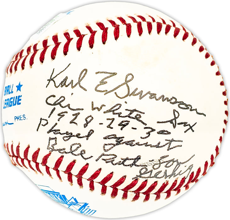 Karl Swanson Autographed Official Comiskey Park AL Baseball Chicago White Sox "1928-29-30 Played against Babe Ruth & Lou Gehrig" Beckett BAS QR #BM25632