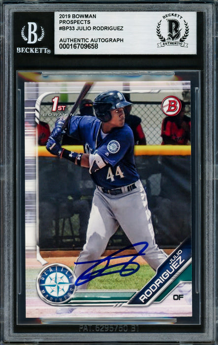 Julio Rodriguez Autographed 2019 1st Bowman Prospects Rookie Card #BP33 Seattle Mariners Beckett BAS