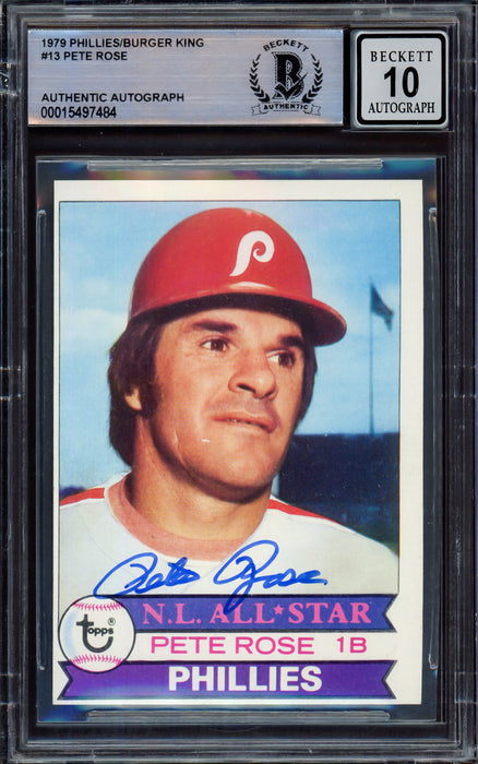 Pete Rose Autographed 1979 Topps Burger King Card #13 Philadelphia Phillies Auto Grade Gem Mint 10 Beckett BAS #15497484
