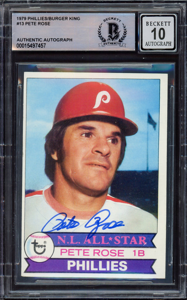 Pete Rose Autographed 1979 Topps Burger King Card #13 Philadelphia Phillies Auto Grade Gem Mint 10 Beckett BAS #15497457