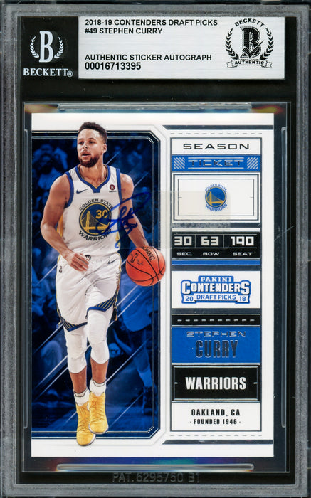 Stephen Curry Autographed 2018-19 Playoff Contenders Draft Picks Card #49 Golden State Warriors Beckett BAS #16713395