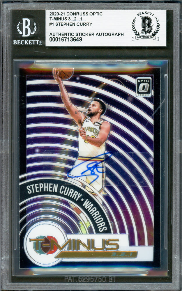 Stephen Curry Autographed 2020-21 Donruss Optic T-Minus Card #1 Golden State Warriors Beckett BAS #16713649