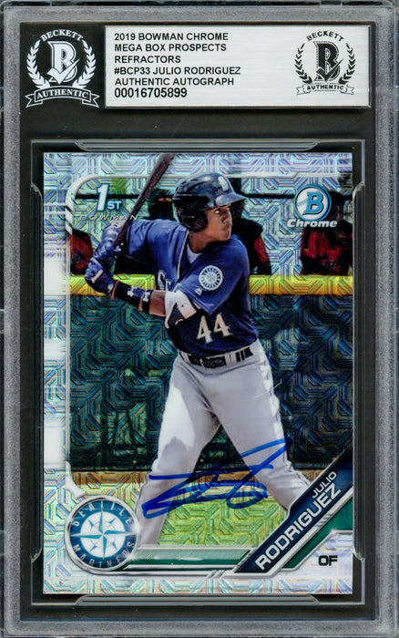 Julio Rodriguez Autographed 2019 1st Bowman Chrome Mega Refractor Rookie Card #BCP33 Seattle Mariners Beckett BAS #16705899