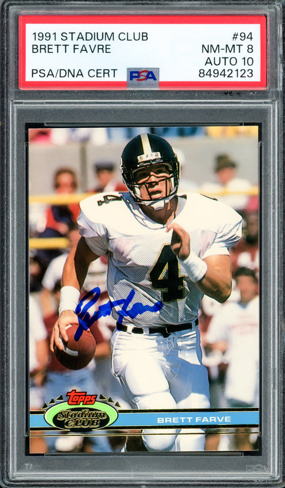 Brett Favre Autographed 1991 Stadium Club Rookie Card #94 Green Bay Packers PSA 8 Auto Grade Gem Mint 10 PSA/DNA #84942123
