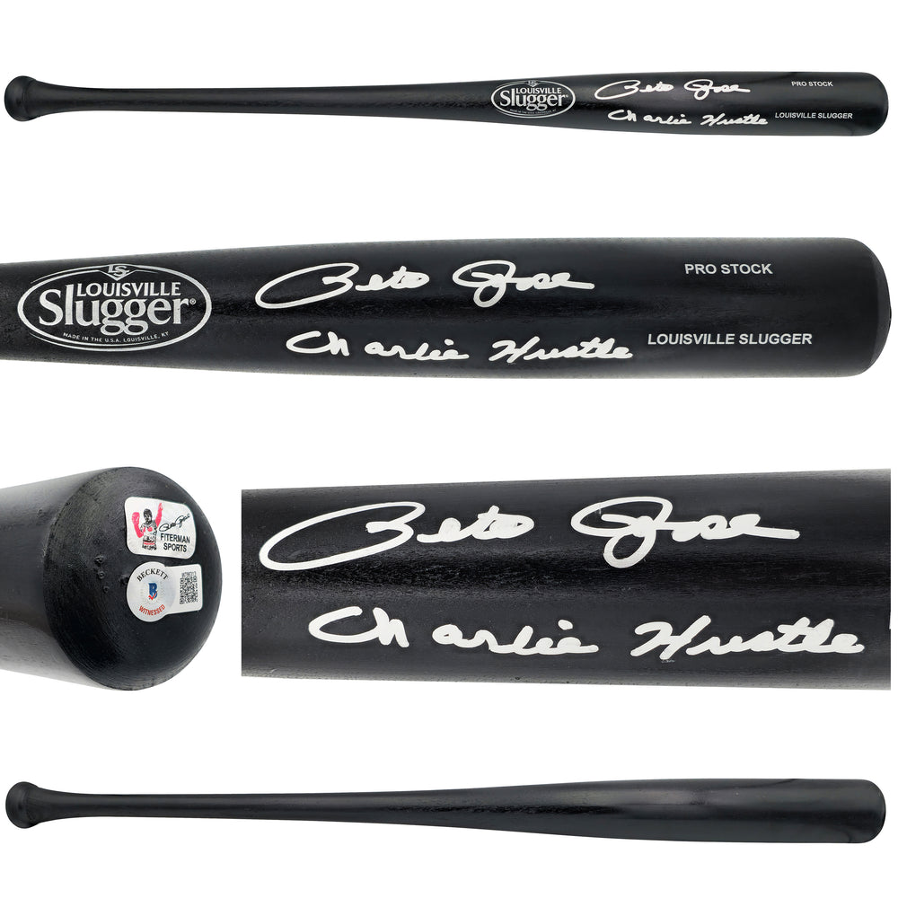 Pete Rose Autographed Black Louisville Slugger Pro Stock Baseball Bat Cincinnati Reds "Charlie Hustle" Beckett BAS Witness