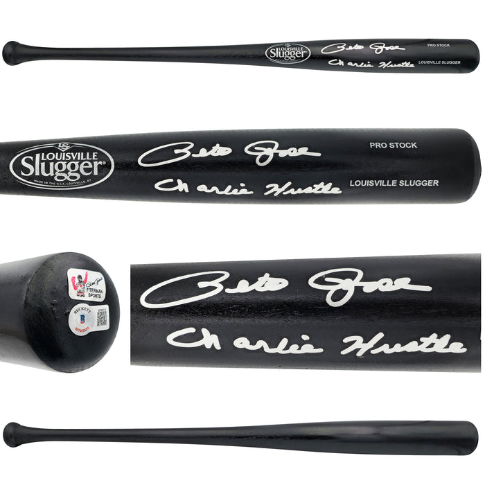 Pete Rose Autographed Black Louisville Slugger Pro Stock Baseball Bat Cincinnati Reds "Charlie Hustle" Beckett BAS Witness