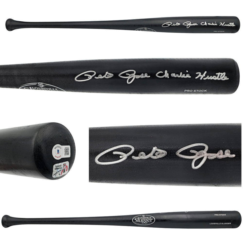 Pete Rose Autographed Black Louisville Slugger Pro Stock Baseball Bat Cincinnati Reds "Charlie Hustle" Beckett BAS Witness