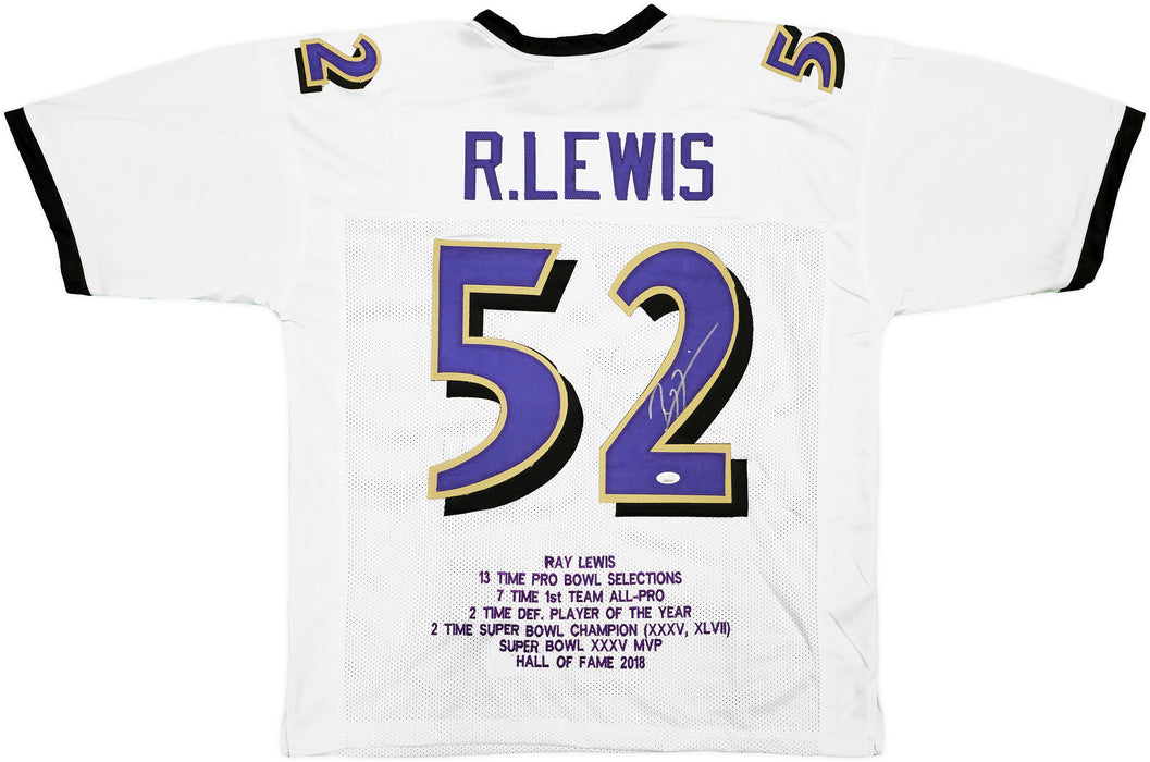 Baltimore Ravens Ray Lewis Autographed White Football Jersey With Stats JSA