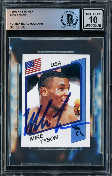 Mike Tyson Autographed 1986 Panini Supersport Reprint Rookie Retro Sticker Card #153 Auto Grade Gem Mint 10 Beckett BAS