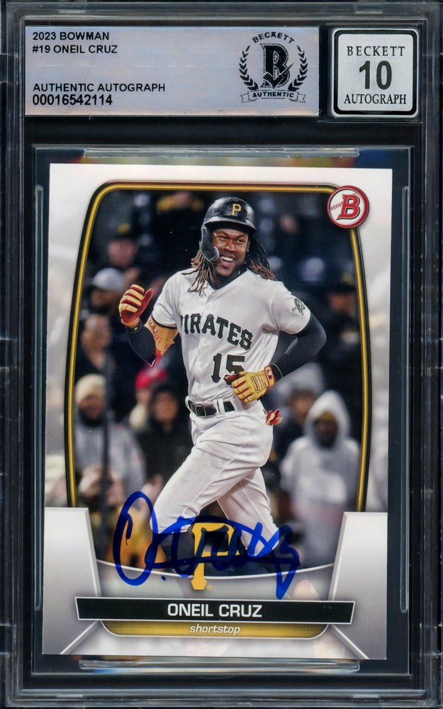Oneil Cruz Autographed 2023 Bowman Card #19 Pittsburgh Pirates Auto Grade Gem Mint 10 Beckett BAS