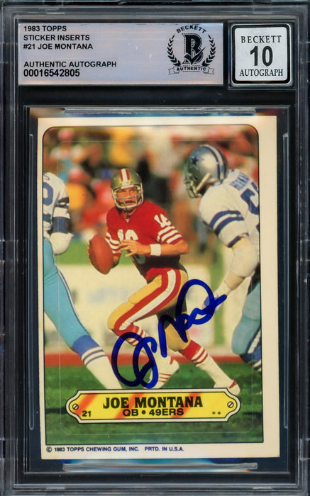Joe Montana Autographed 1983 Topps Sticker Card #21 San Francisco 49ers Auto Grade Gem Mint 10 Beckett BAS
