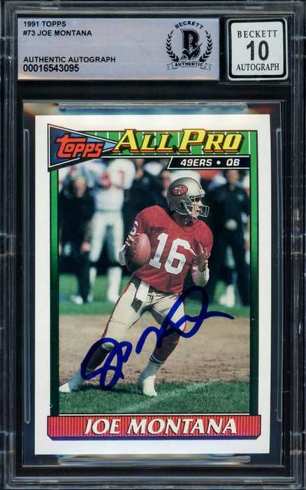 Joe Montana Autographed 1991 Topps Card #73 San Francisco 49ers Auto Grade Gem Mint 10 Beckett BAS