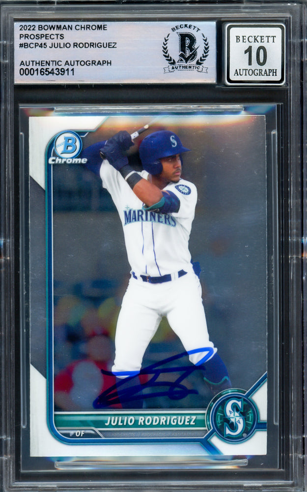 Julio Rodriguez Autographed 2022 Bowman Chrome Prospects Rookie Card #BCP45 Seattle Mariners Auto Grade Gem Mint 10 Beckett BAS