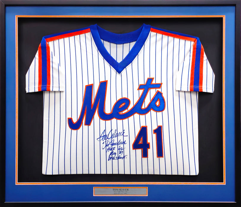 New York Mets Tom Seaver Autographed Framed White Pinstripes Jersey "The Franchise, HOF 92, ROY 67 & 69 WS Champs!" JSA #BB68385