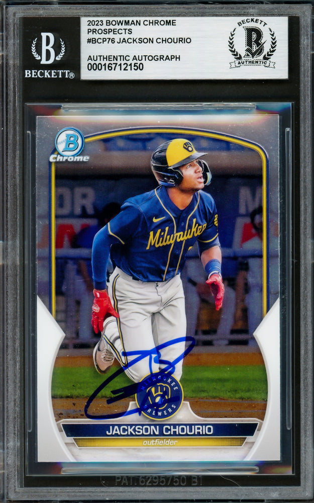 Jackson Chourio Autographed 2023 Bowman Chrome Prospects Rookie Card #BCP76 Milwaukee Brewers Beckett BAS