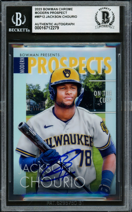 Jackson Chourio Autographed 2023 Bowman Chrome Modern Prospects Rookie Card #MP12 Milwaukee Brewers Beckett BAS