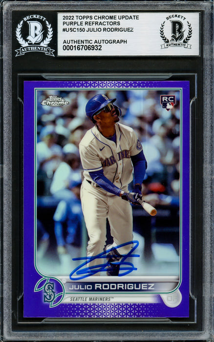 Julio Rodriguez Autographed 2022 Topps Chrome Update Purple Refractors Rookie Card #USC150 Seattle Mariners Beckett BAS