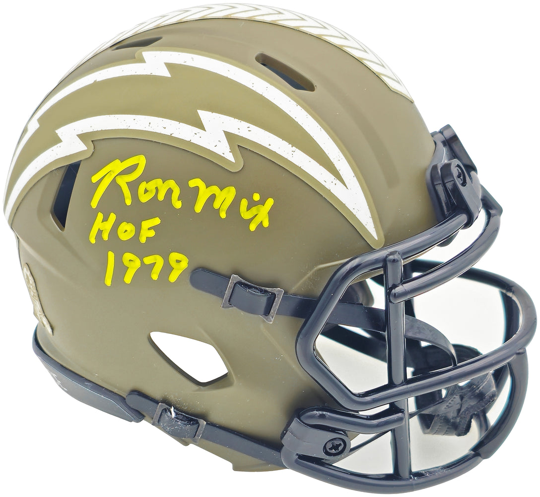 Ron Mix Autographed San Diego Chargers Army Green Salute to Service Speed Mini Helmet "HOF 1979" Beckett BAS Witness