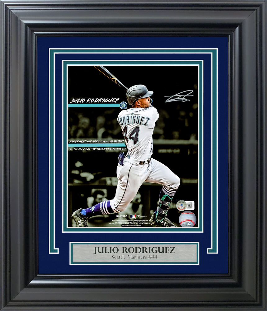 Julio Rodriguez Autographed Framed 8x10 Photo Seattle Mariners 1st Career MLB Hit Beckett BAS QR