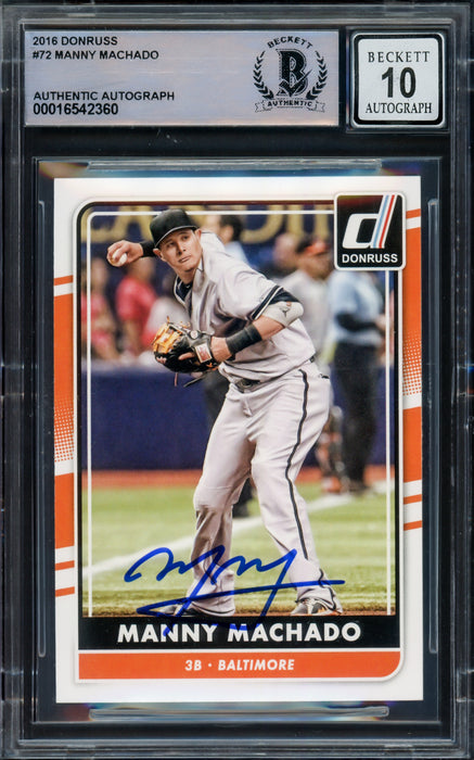 Manny Machado Autographed 2016 Donruss Card #72 Baltimore Orioles Auto Grade Gem Mint 10 Beckett BAS #16542360