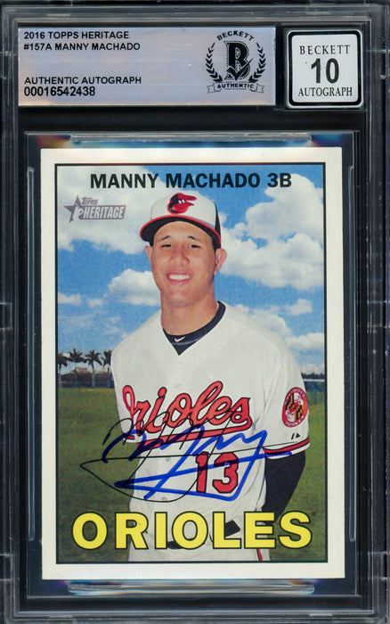 Manny Machado Autographed 2016 Topps Heritage Card #157 Baltimore Orioles Auto Grade Gem Mint 10 Beckett BAS #16542438