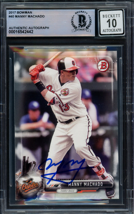 Manny Machado Autographed 2017 Bowman Card #40 Baltimore Orioles Auto Grade Gem Mint 10 Beckett BAS #16542442