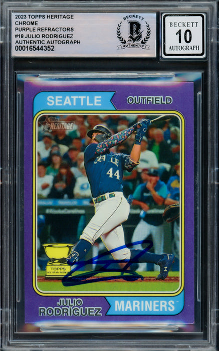 Julio Rodriguez Autographed 2023 Topps Heritage Chrome Purple Refractor Card #18 Seattle Mariners Auto Grade Gem Mint 10 Beckett BAS #16544352