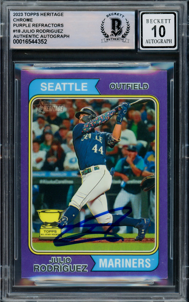Julio Rodriguez Autographed 2023 Topps Heritage Chrome Purple Refractor Card #18 Seattle Mariners Auto Grade Gem Mint 10 Beckett BAS #16544352
