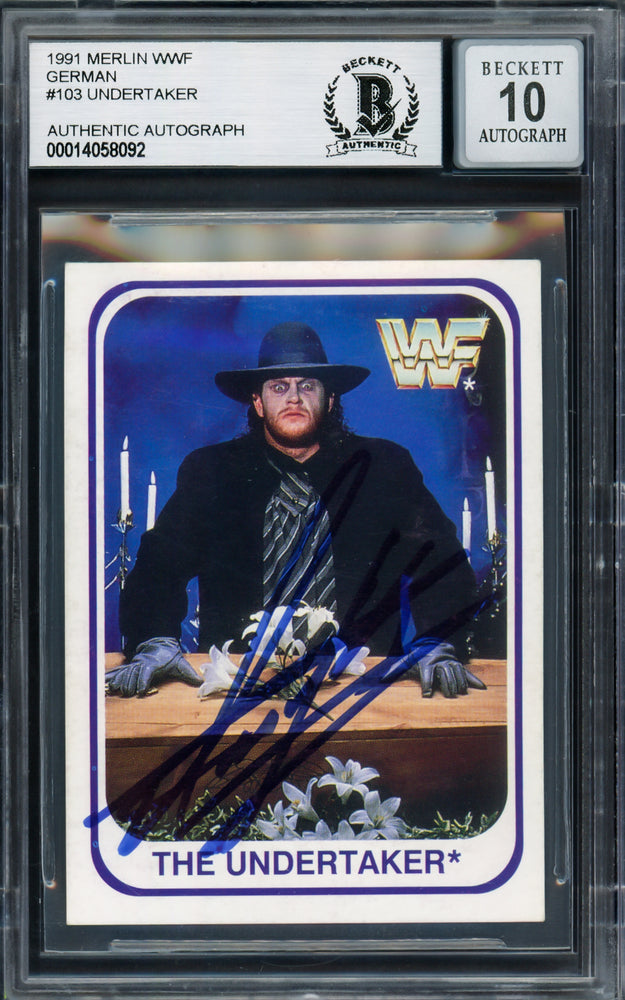 Undertaker Autographed 1991 Merlin WWF German Rookie Card #103 Auto Grade Gem Mint 10 Beckett BAS #14058092