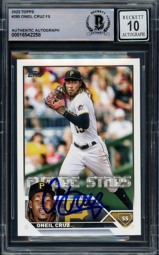 Oneil Cruz Autographed 2023 Topps Card #285 Pittsburgh Pirates Auto Grade Gem Mint 10 Beckett BAS #16542258